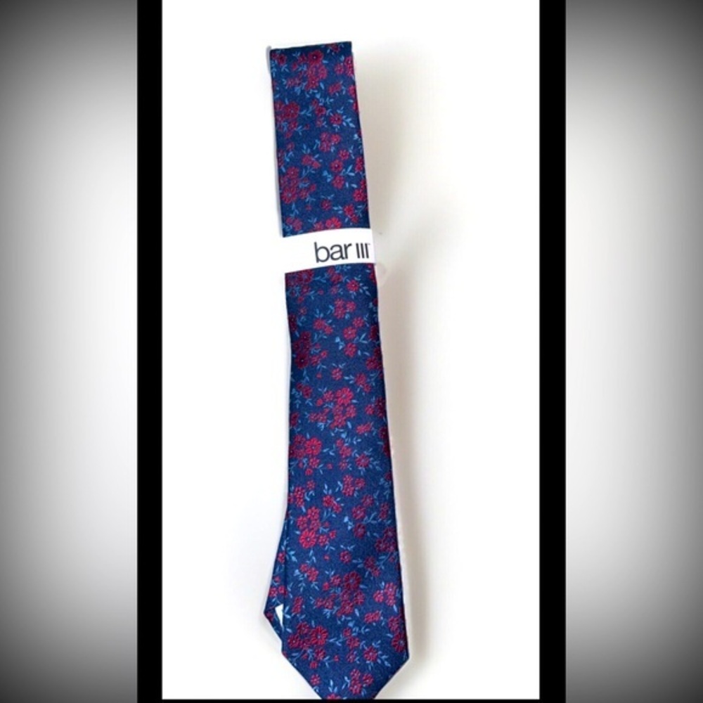 Bar III Men's Slim Skinny Neck Tie Kelso Floral Navy & Burgundy 2.5" Blade NWT